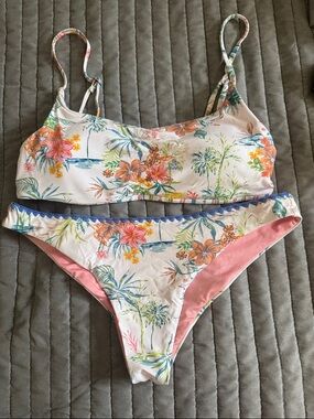 Roxy White Floral Bikini Set with Pink & Blue Accents